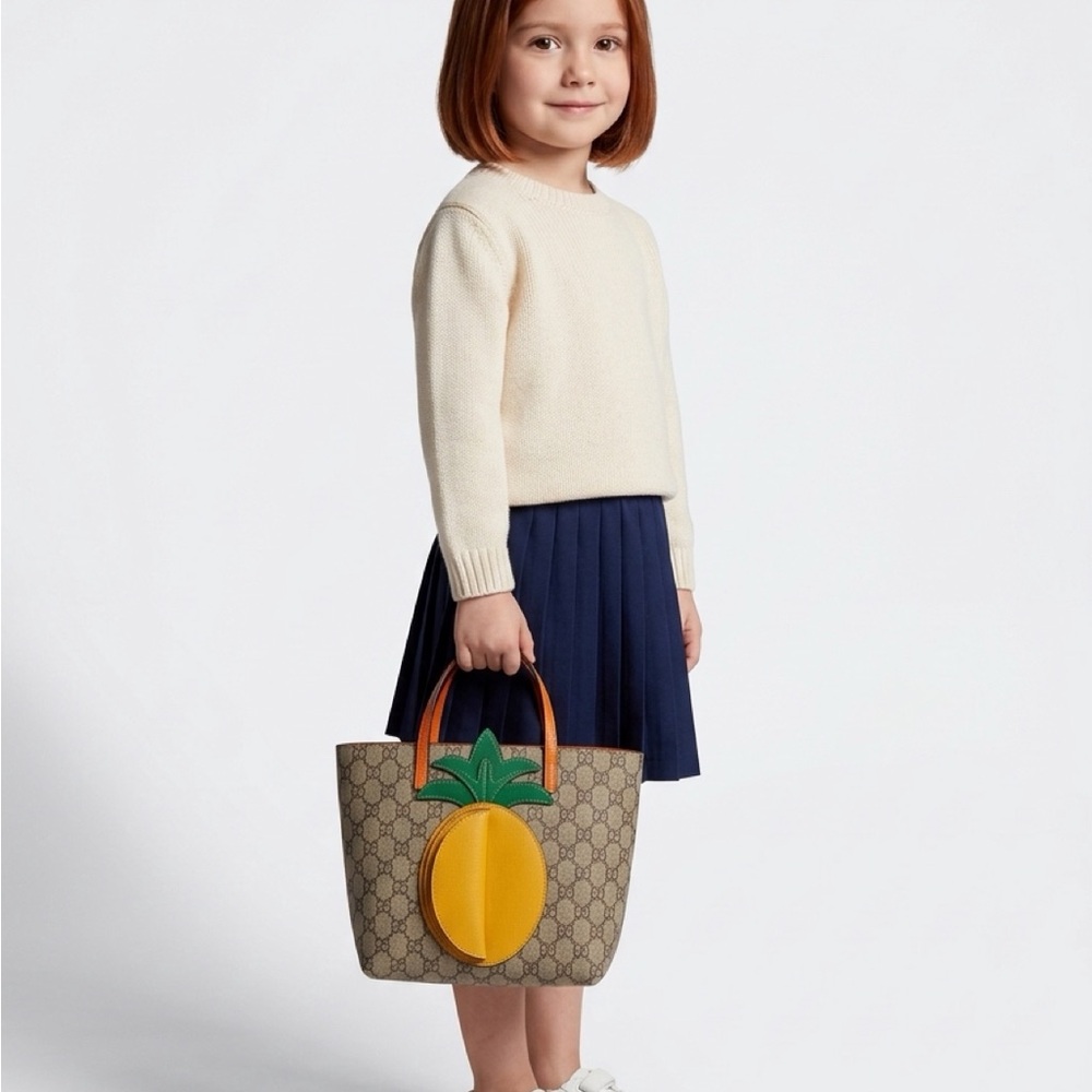 Gucci Beige GG Supreme Kids Tote with Yellow Pineapple Patch